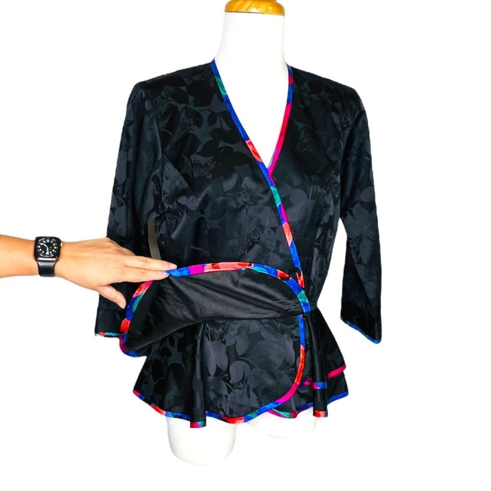 80s AJ Bari Jacquard Peplum Jacket 100% Silk Floral Piping Size 10 Vintage - Picture 8 of 12